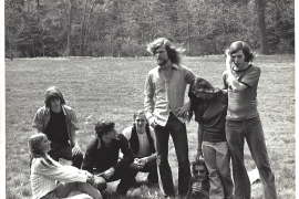 black and white photo of Phaedra band members on the grass